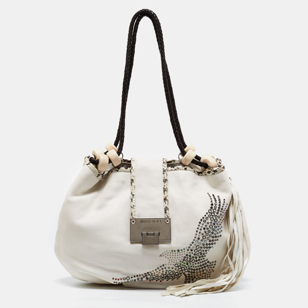 luxury-women-jimmy-choo-used-handbags-p683556-006-1 Jimmy Choo White Embellished Leather and Python Trim Beaded Drawstring Hobo