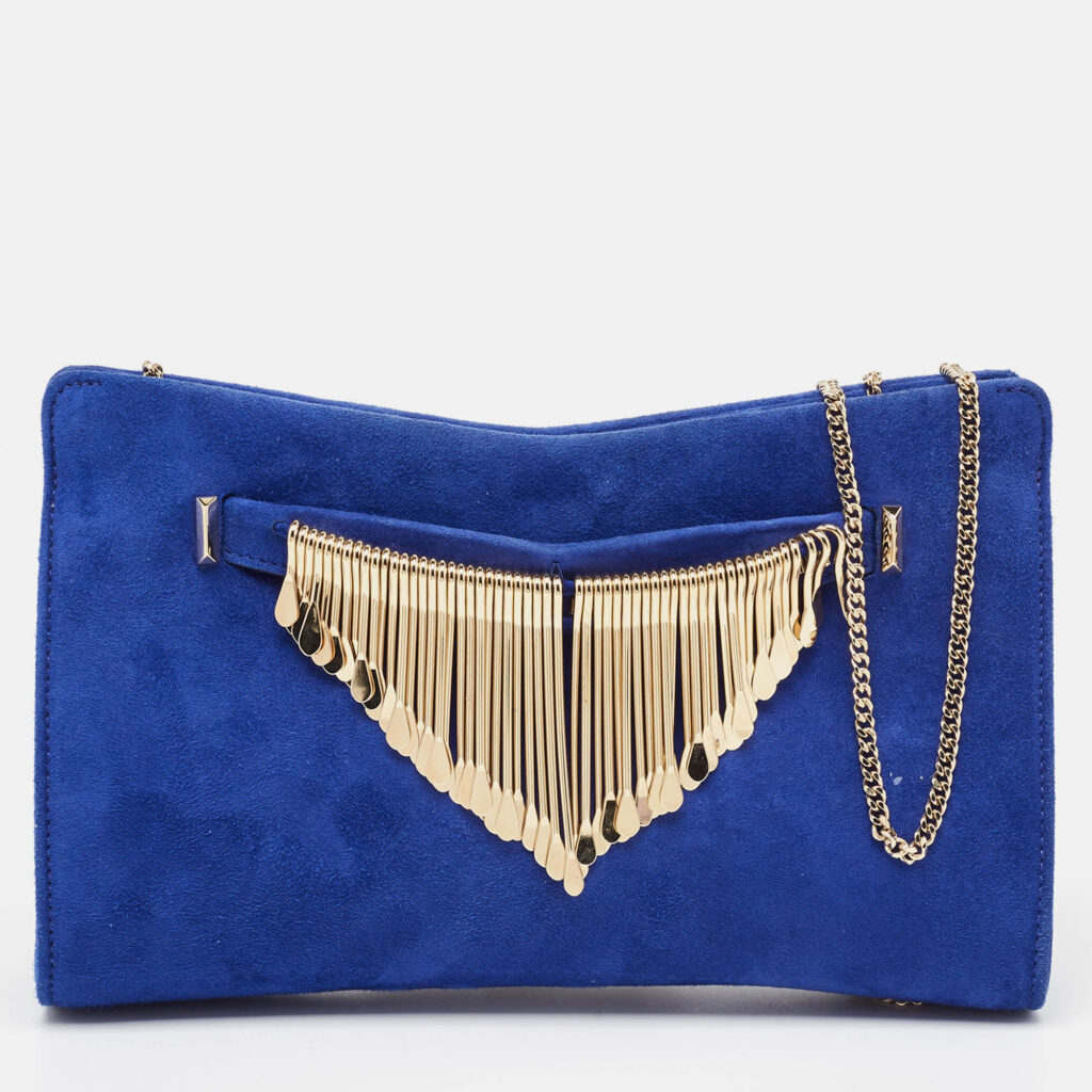 luxury-women-jimmy-choo-used-handbags-p976768-012 Jimmy Choo Blue Alcantara Fringe Bracelet Venus Chain Clutch