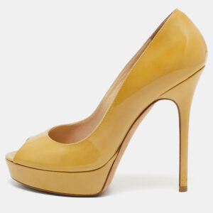 Jimmy Choo Yellow Patent Leather Crown Platform Peep Toe Pumps Size 37.5