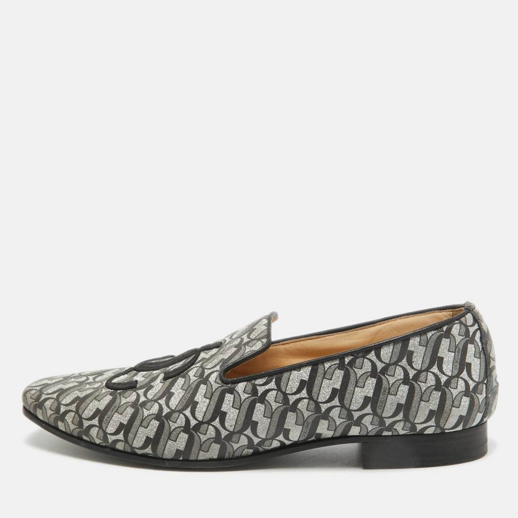 luxury-women-jimmy-choo-used-shoes-p1026718-001 Jimmy Choo Silver/Black Glitter Fabric Sache JC Monogram Smoking Slippers Size 39