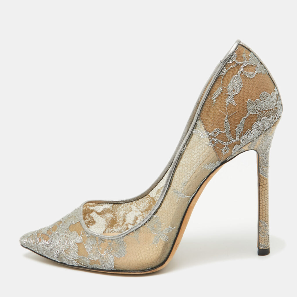 luxury-women-jimmy-choo-used-shoes-p1027536-001 Jimmy Choo Metallic Grey Lace Romy Pumps Size 38