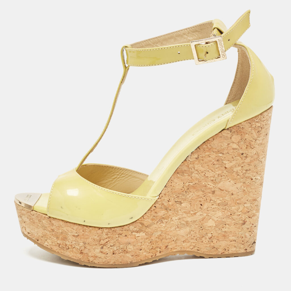 luxury-women-jimmy-choo-used-shoes-p1029652-002 Jimmy Choo Light Green Patent Leather Pania Cork Wedge Sandals Size 39.5