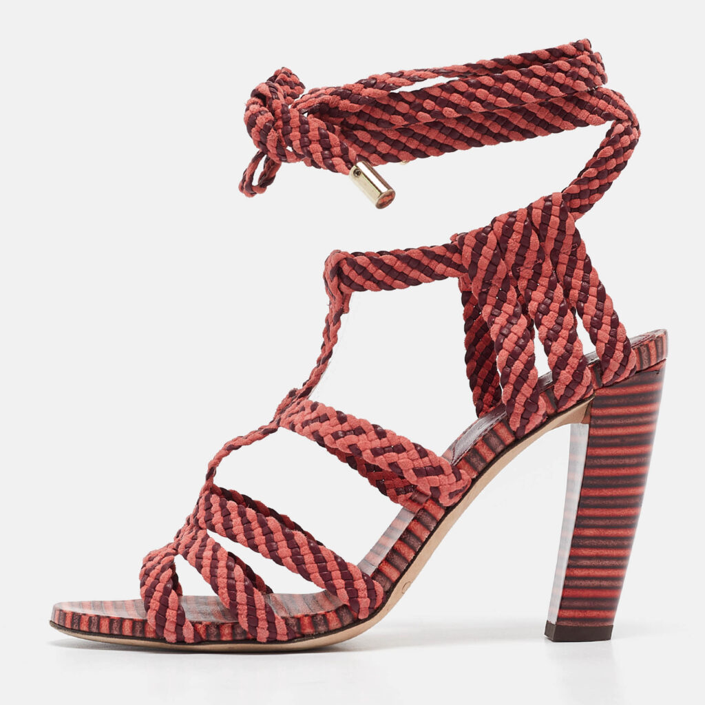 luxury-women-jimmy-choo-used-shoes-p1032290-010 Jimmy Choo Two Tone Woven Suede and Leather Ankle Tie Sandals Size 37
