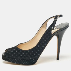 Jimmy Choo Black Embellished Suede Peep Toe Platorm Slingback Pumps Size 41
