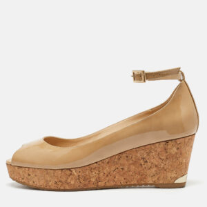 Jimmy Choo Beige Patent Leather Wedge Platform Ankle Strap Pumps Size 41