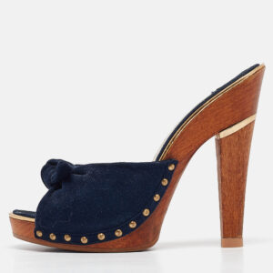 Jimmy Choo Navy Blue Suede Bow Platform Slide Sandals Size 36