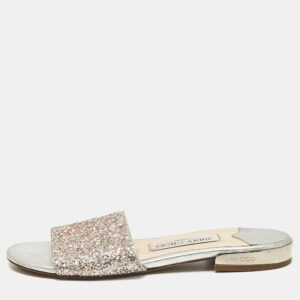 Jimmy Choo Silver/Pink Glitter Joni Flat Slides Size 36