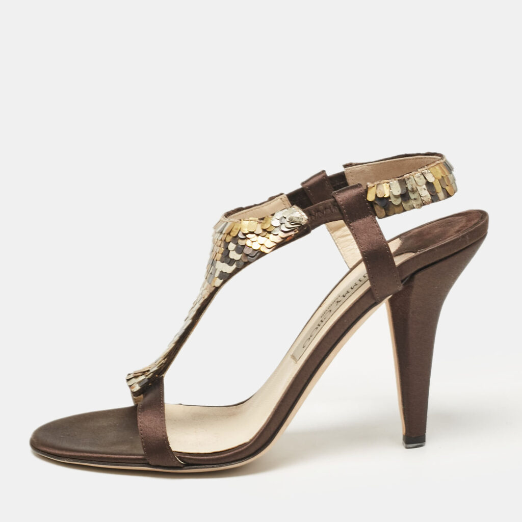 luxury-women-jimmy-choo-used-shoes-p1054471-003 Jimmy Choo Dark Brown/Beige Satin Sequins Embellished T-Strap Sandals Size 38.5