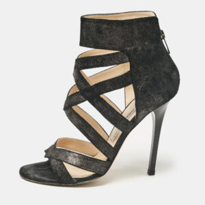 Jimmy Choo Black Glitter Suede Strappy Sandals Size 38.5