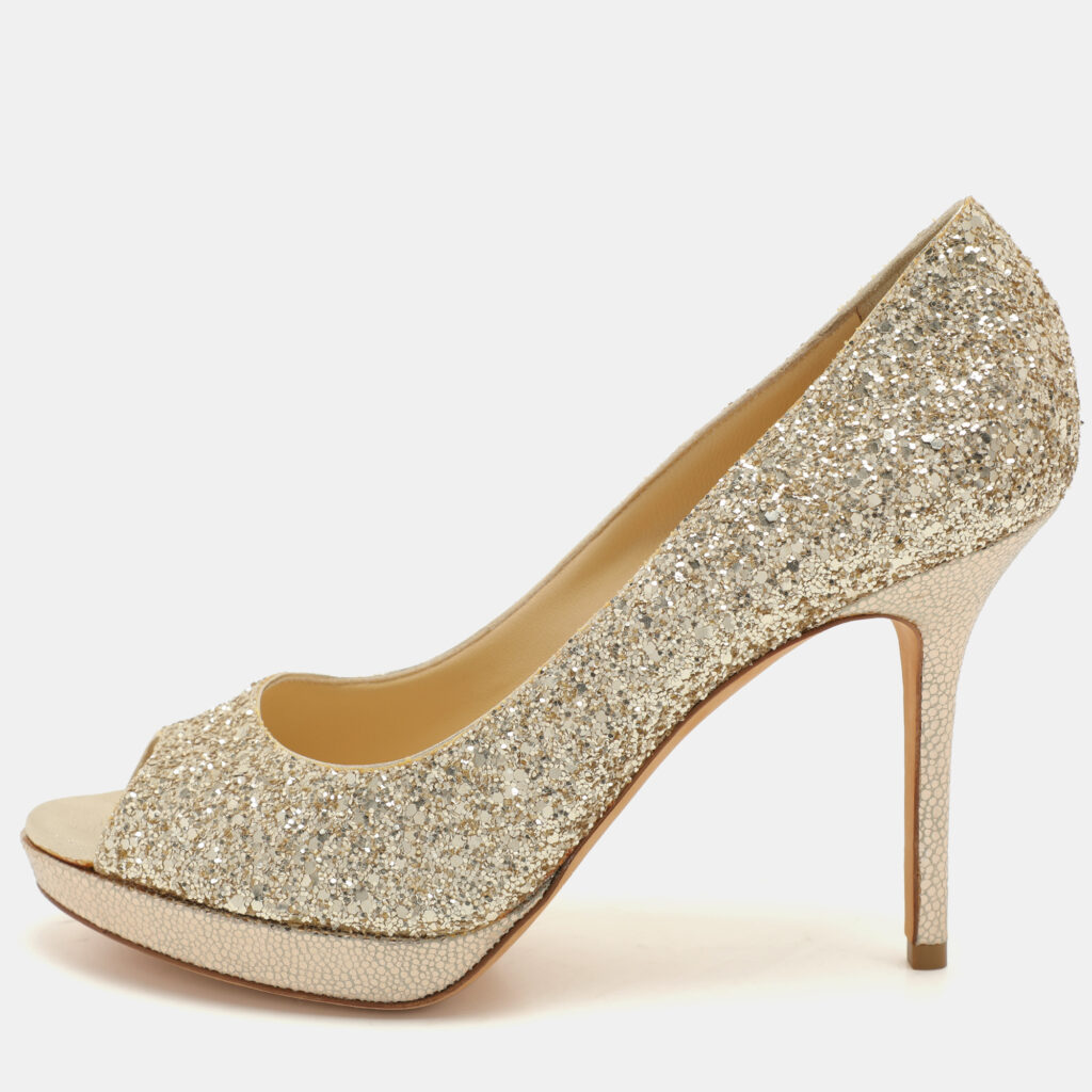 luxury-women-jimmy-choo-used-shoes-p1069378-009 Jimmy Choo Metallic Gold Glitter Dahlia Platform Peep Toe Pumps Size 38.5