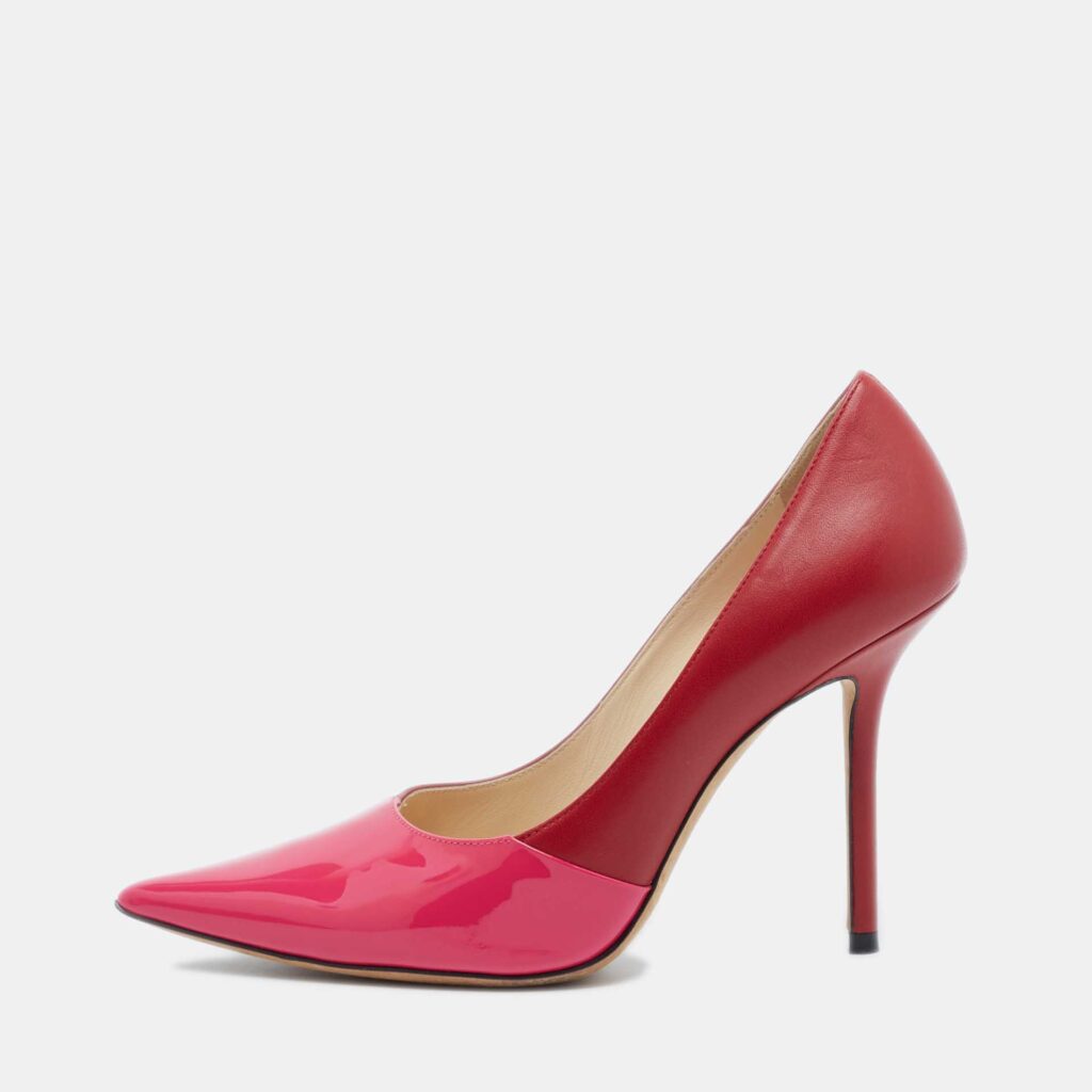 luxury-women-jimmy-choo-used-shoes-p1071135-001 Jimmy Choo Pink/Red Patent and Leather Asymmetric Love Pumps Size 37