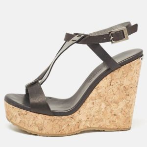 Jimmy Choo Black Leather Native Cork Wedge Sandals Size 35.5