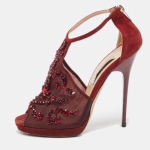Jimmy Choo Burgundy Mesh and Suede Embellished Ankle Strap Sandals Size 38.5