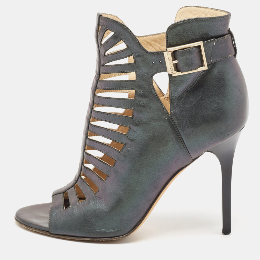 luxury-women-jimmy-choo-used-shoes-p1081726-002 Jimmy Choo Metallic Two Tone Leather Open Toe Booties Size 38