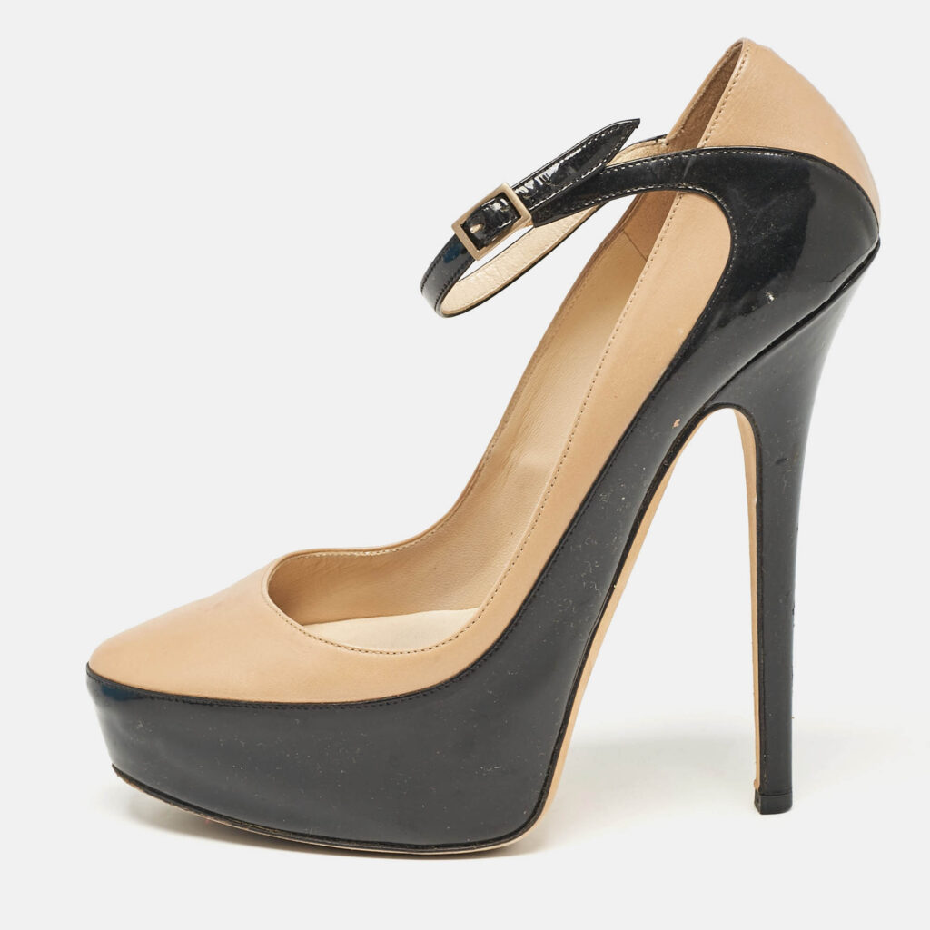 luxury-women-jimmy-choo-used-shoes-p1083173-012 Jimmy Choo Black/Beige Leather and Patent Siskin Platform Pumps Size 40
