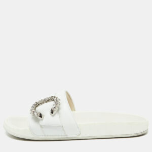 Jimmy Choo White Leather Crystal Embellished Flat Slides Size 41