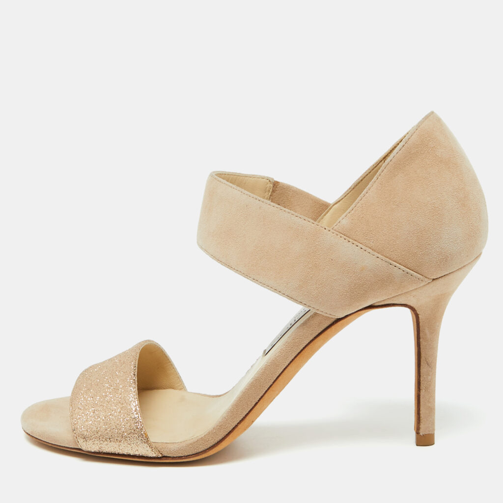 luxury-women-jimmy-choo-used-shoes-p1085344-001 Jimmy Choo Beige Suede and Glitter Tesoro Strap Sandals Size 37.5