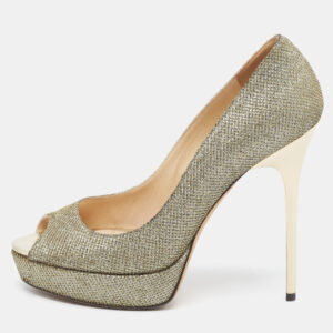 Jimmy Choo Silver/Gold Lurex Fabric Dahlia Peep Toe Pumps Size 38