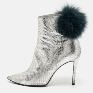 Jimmy Choo Silver Python Embossed Leather and Fur Ankle Length Boots Size 36.5
