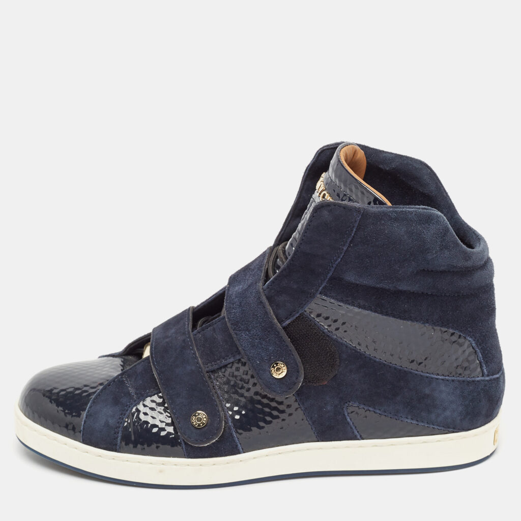 luxury-women-jimmy-choo-used-shoes-p1092354-010 Jimmy Choo Navy Blue Suede and Patent Yazz High Top Sneakers Size 36.5