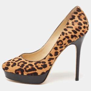 Jimmy Choo Brown/Beige Calf Hair and Leather Cosmic Platform Pumps Size 37.5