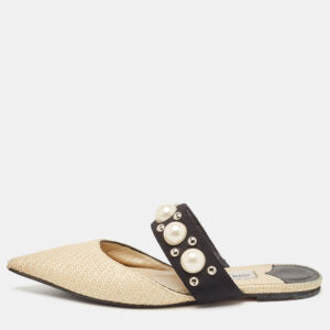 Jimmy Choo Cream/Black Canvas and Raffia Embellished Mules Size 37.5
