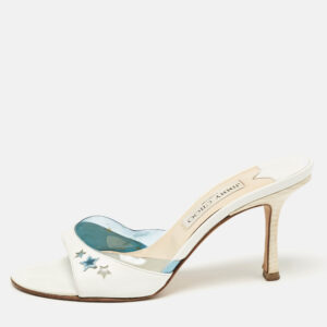 Jimmy Choo White/Blue Leather and PVC Slide Sandals Size 37.5
