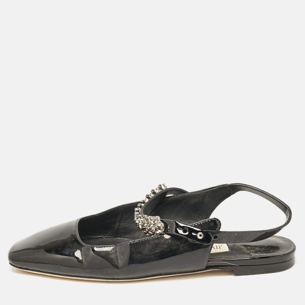 Jimmy Choo Black Patent Crystal Embellished Slingback Flat Sandals Size 35