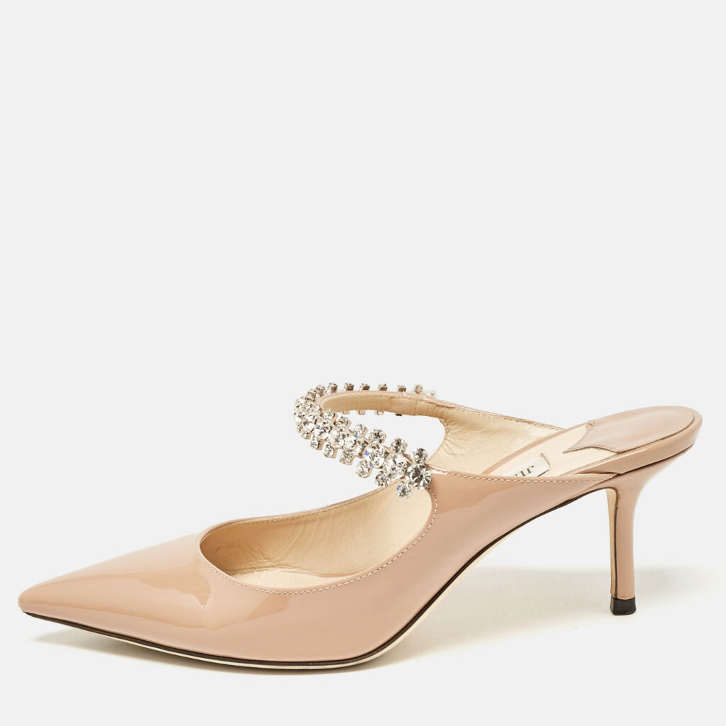 luxury-women-jimmy-choo-used-shoes-p1094109-010 Jimmy Choo Beige Patent Leather Bing 65 Crystal Embellished Mule Sandals Size 36.5