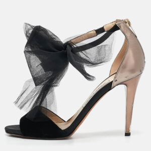 Jimmy Choo Black Leather and Velvet Aveline Ankle Strap Sandals Size 38