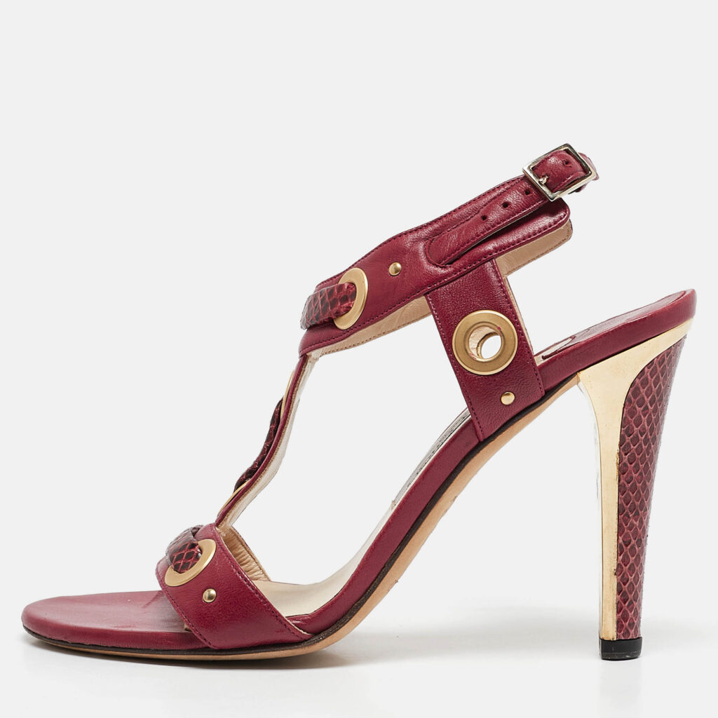 luxury-women-jimmy-choo-used-shoes-p1096235-010 Jimmy Choo Red Leather and Snakeskin Leather Ankle Strap Sandals Size 37