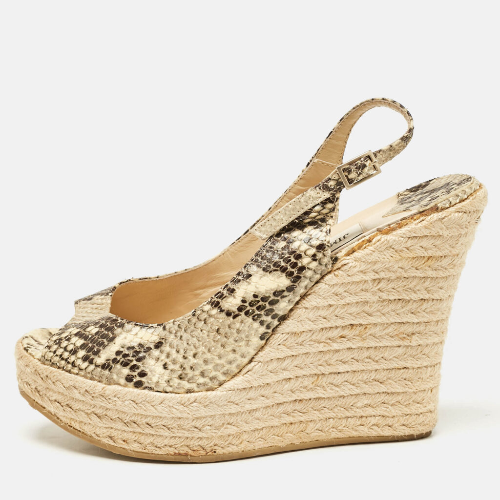 luxury-women-jimmy-choo-used-shoes-p1096923-010 Jimmy Choo Two Tone Python Embossed Leather Polar Wedge Sandals Size 39