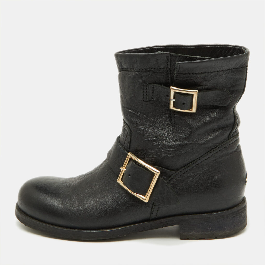 Jimmy Choo Black Leather Biker Ankle Boots Size 37