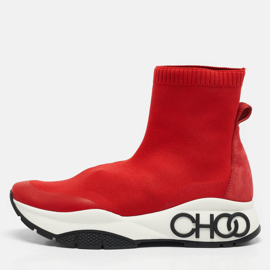luxury-women-jimmy-choo-used-shoes-p1097198-010 Jimmy Choo Red Knit Fabric and Suede Raine Sock Sneakers Size 38