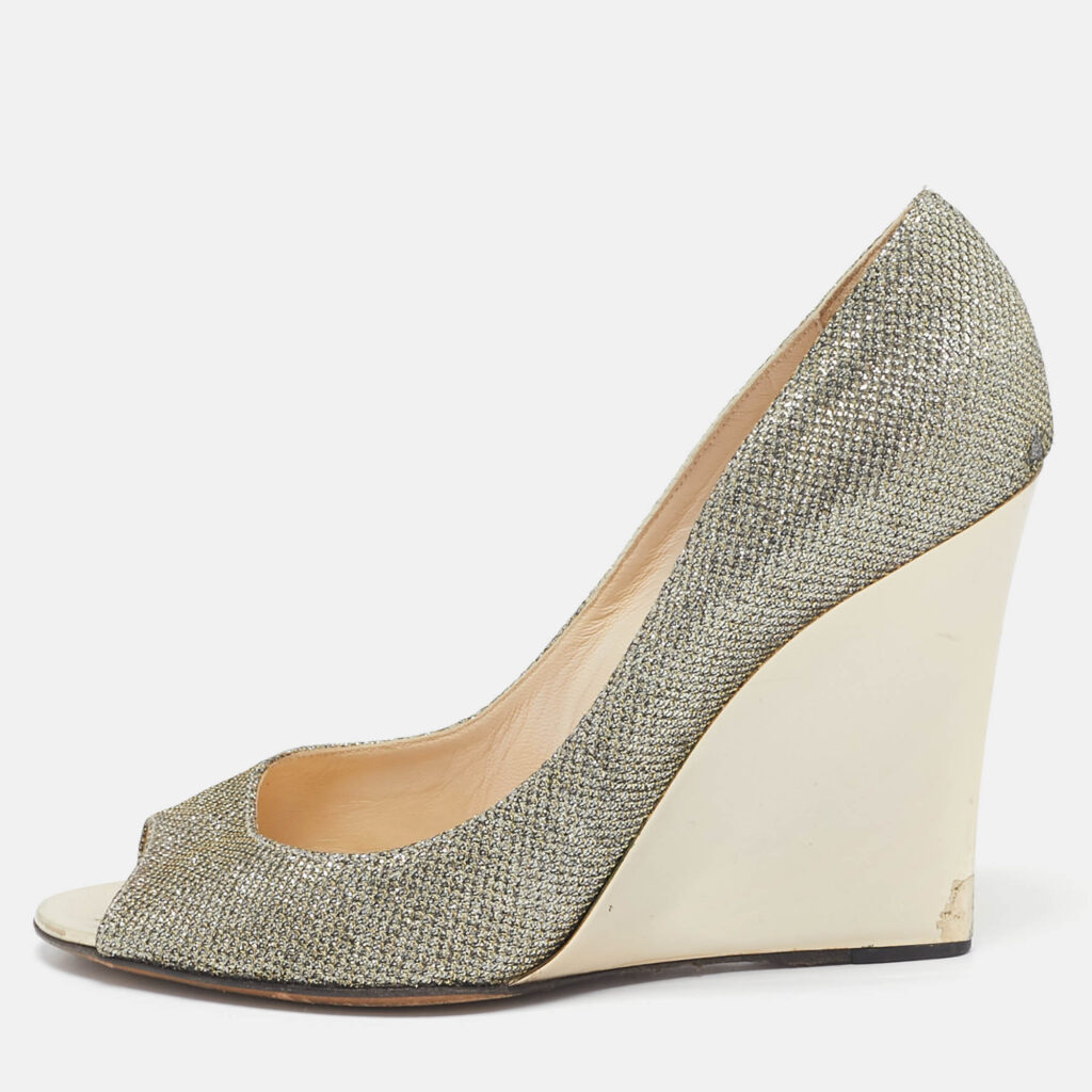 luxury-women-jimmy-choo-used-shoes-p1097678-010 Jimmy Choo Metallic Glitter Baxen Wedge Pumps Size 39
