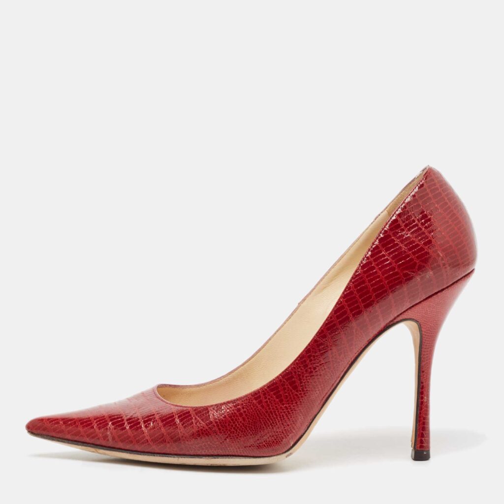 luxury-women-jimmy-choo-used-shoes-p1097734-003 Jimmy Choo Red Lizard Embossed Leather Romy Pumps Size 39