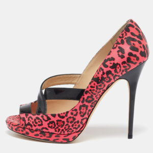 Jimmy Choo Black/Pink Leopard Print Patent Leather Open Toe Pumps Size 40.5