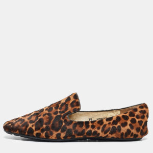 Jimmy Choo Brown Leopard Calf Hair Wheel Smoking Slippers Size 38