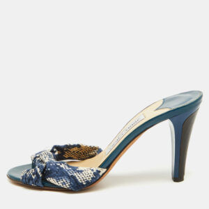 Jimmy Choo Blue/White Printed Canvas Knotted Slide Sandals Size 36.5