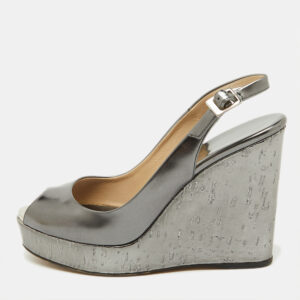 Jimmy Choo Metallic Grey Leather Cork Platform Wedge Slingback Sandals Size 37.5
