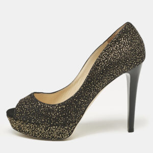 Jimmy Choo Black Metallic Embossed Suede Dahlia Peep Toe Platform Pumps Size 38.5