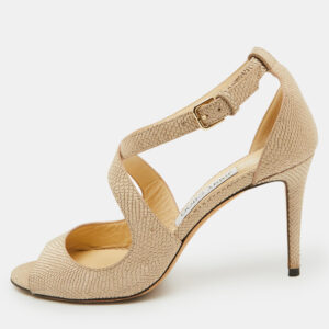 Jimmy Choo Beige Textured Leather Emily Cross Strap Sandals Size 39