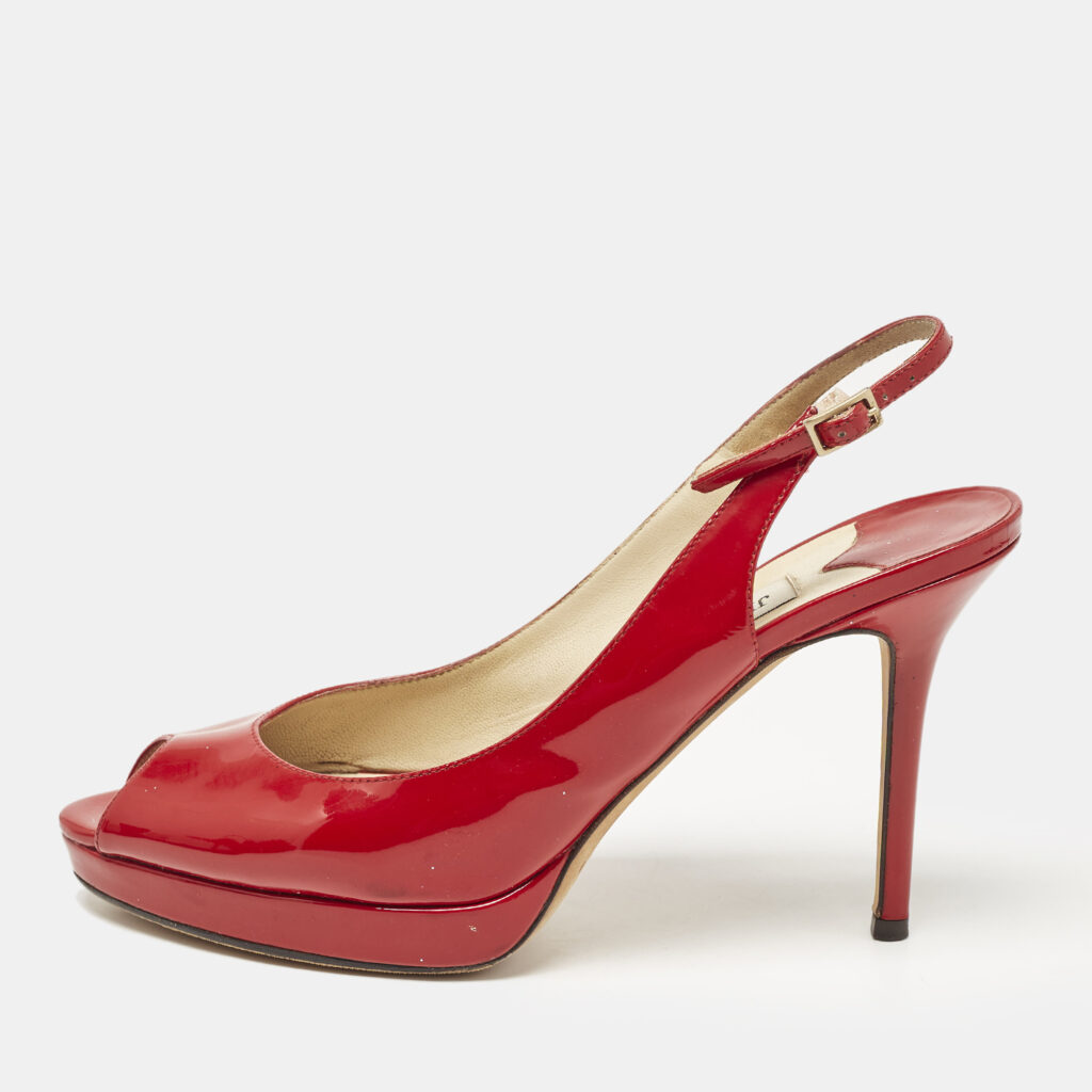 luxury-women-jimmy-choo-used-shoes-p1110680-003 Jimmy Choo Red Patent Leather Clue Peep Toe Slingback Pumps Size 39