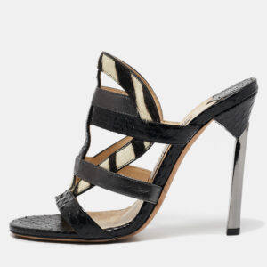 Jimmy Choo Black Zebra Print Calfhair and Snakeskin Vanisa Slide Sandals Size 36.5