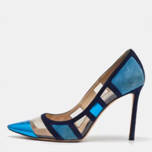Jimmy Choo Blue/Navy Blue Suede and PVC Romy Pointed Toe Pumps Size 39