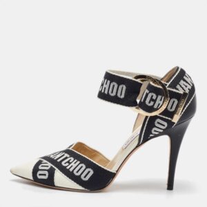 Jimmy Choo White/Black Leather and Fabric Bea Ankle Strap Sandals Size 40