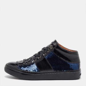 Jimmy Choo Black/Navy Blue Patent Leather and Sequins Low Top Sneakers Size 37