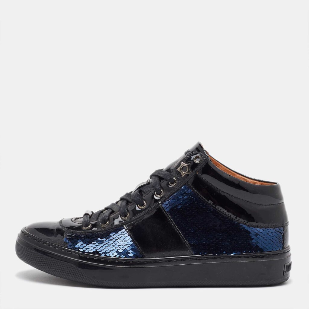 luxury-women-jimmy-choo-used-shoes-p1112663-003 Jimmy Choo Black/Navy Blue Patent Leather and Sequins Low Top Sneakers Size 37