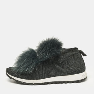 Jimmy Choo Green Fur and Lurex Fabric Norway Pom Pom Sneakers Size 40