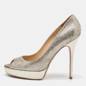 Jimmy Choo Metallic Glitter Dahlia Peep Toe Platform Pumps Size 40